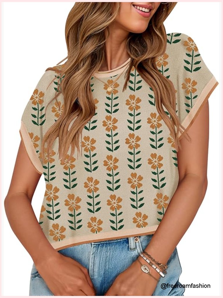 Summer Floral Short Sleeve Sweater Vest Crewneck Loose Knit Tank Top